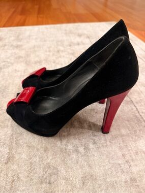 Stuart Weitzman Black Suede Peep-Toe Heels with Red Accent